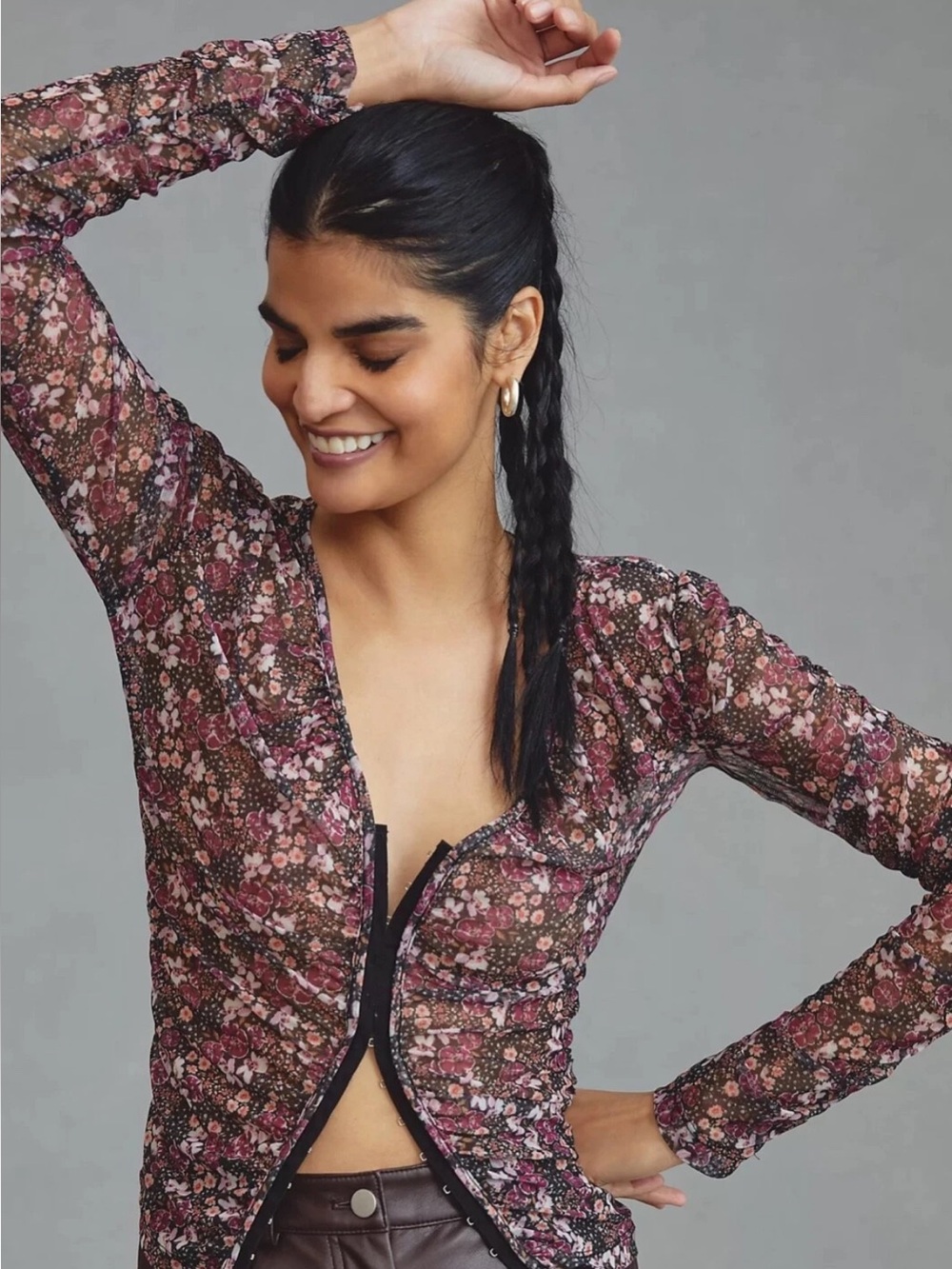 NWOT Anthropologie Floral Mesh Long-Sleeve Top in Pink and Brown- Small